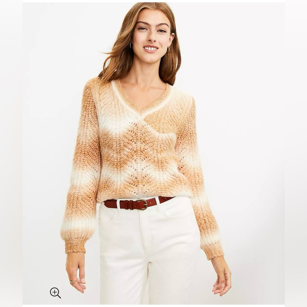 LOFT EUC V Neck Puff Sleeve Spacedye Ombre Knit Sweater